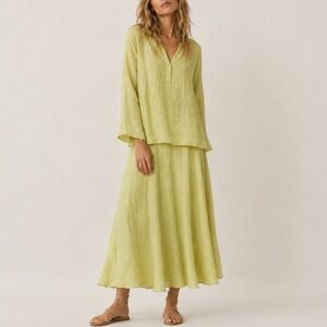 Eileen Fisher‎ Linen Silk Maxi Skirt Set XL Chartreuse Tunic Luxury Coastal Boho